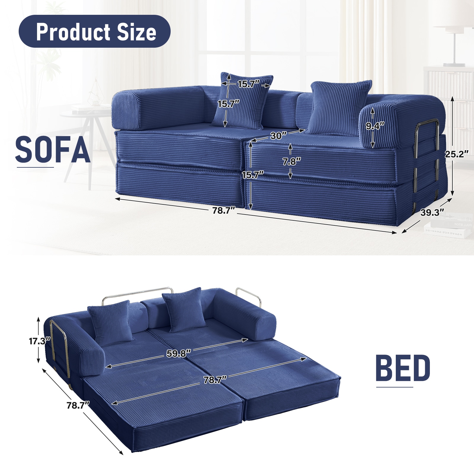 Convertible Corduroy Sleeper Sofa Bed With Two Pillows Blue_voghion.com